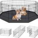 Dog Pen Pet Playpen Dog Fence Indoor Foldable Metal Wire Exercise Puppy Play Yard Pet Enclosure Indoor Outdoor 8 Panels 24 Inch with Bottom Pad/Top Cover, Black 