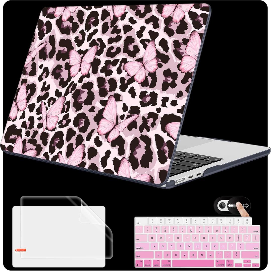 Mektron for 2026 MacBook Air 13-inch M5 Laptop Case A3449 with 13.6-inch Liquid Retina Display Fits 2025 A3240 M4 2024 A3113 M3 2023 A2681 M2 Shell for MacBook Air 13.6", Leopard Pink Butterfly