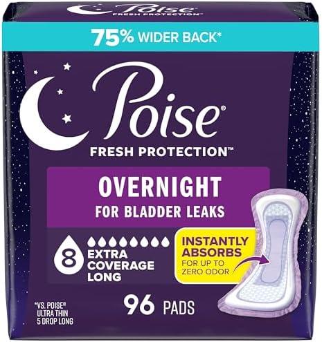 Poise Overnight Incontinence & Postpartum Pads for Bladder Leaks, 8 Drop Extra Coverage, 2 Pack of 96 Count