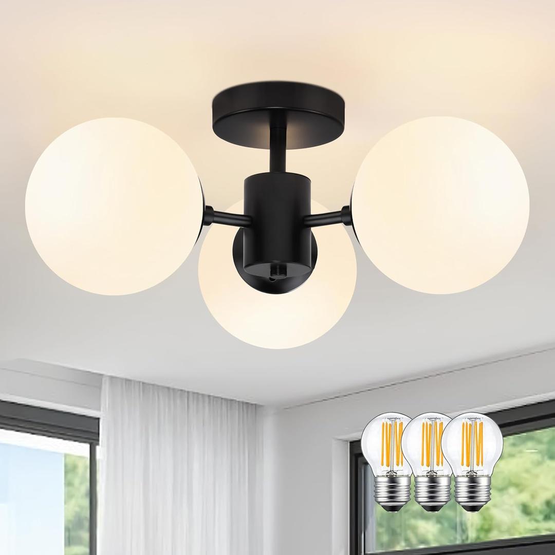 Mid Century Modern Black Semi Flush Mount Ceiling Lights 3-Light Frosted Globe Glass Black Chandelier Modern Light Fixtures Ceiling Light Fixture for Bedroom Living Room Entryway (Bulb Incl.)