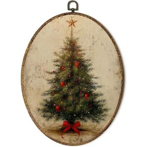 Lengues Christmas Tree Winter Oval Wall Art Decor, Christmas Gifts Oval Wall Decor, Vintage Winter Canvas Framed Art Prints, Holiday Xmas Tree Red Bow Star Hanging Frame for Home Room 8.5x11.5 Inch (color-3)