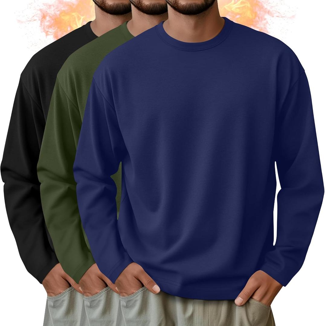 3 Pack Mens Long Sleeve Shirts Crew Neck Thermal T-Shirt Thick Pullover Basic Tops Casual Comfortable Sweatshirt (Medium, Blue, Army Green, Black)