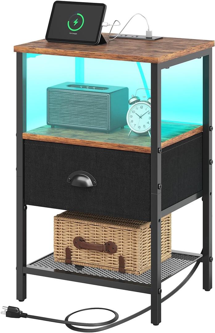 Nightstands with Charging Station, LED Bedside Tables with Charging Station and Fabric Drawer, Night Stand with Storage, 3 Tier Side Table with Open Shelf, Nightstand Bedside Table, Rustic Brown