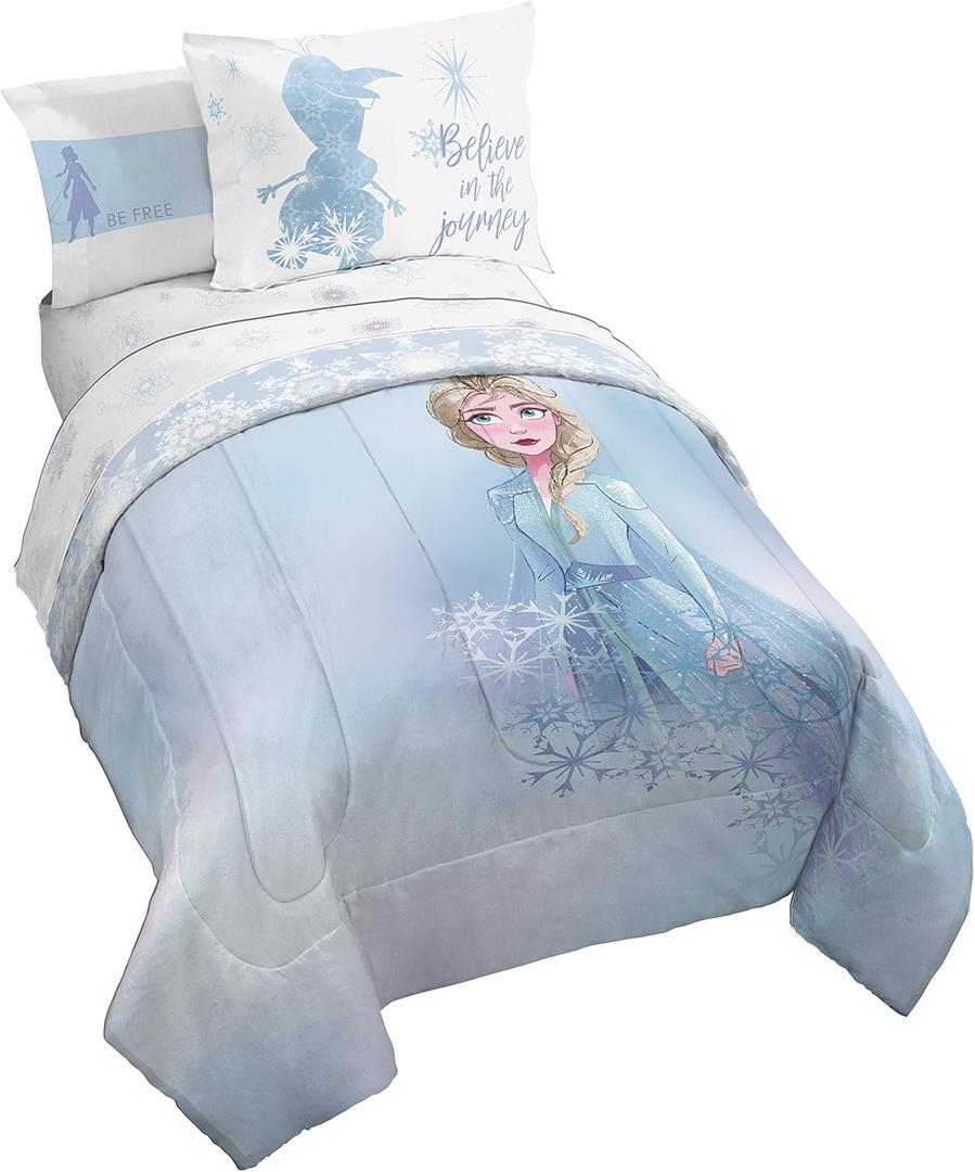 Disney Frozen 2 Elsa Color Block 5 Piece Twin Bed Set - Includes Reversible Comforter & Sheet Set Bedding - Super Soft Fade Resistant Microfiber - (Official Disney Product) (Twin, Blue - Frozen)
