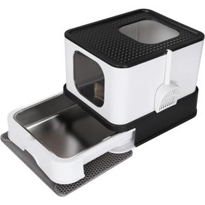 RIZZARI Stainless Steel Cat Box: Black Covered Litter Pan with High Walls - Large Capacity & Anti-Leak Tray - Non-Stick Teflon Coating Drawer for Quick Cleaning - for Living Room Garage