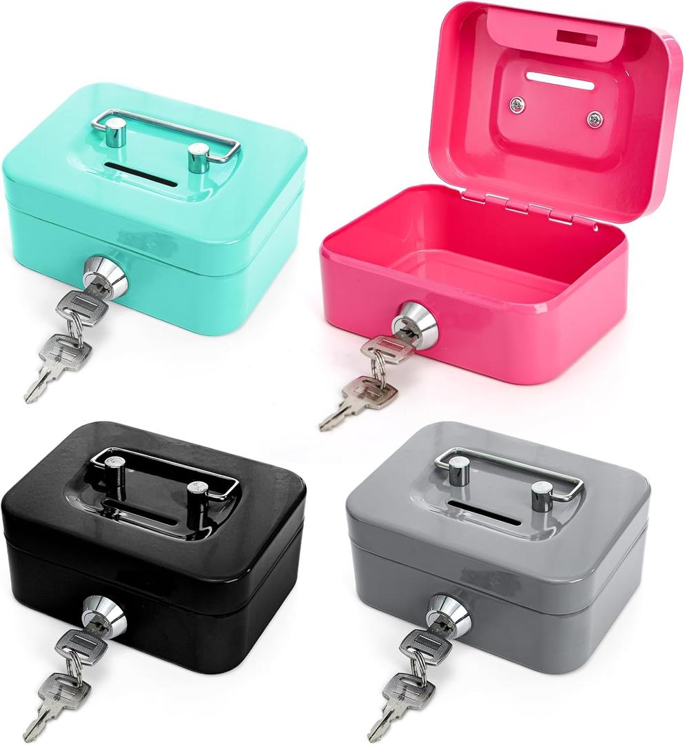 4 Pack Mini Cash Box, Small Metal Money Box with Key Lock, 4.5"L 3.3"W 2"H Durable Safe Coin Organizer Bank for Christmas New Year Gift (Green, Pink, Gray, Black)