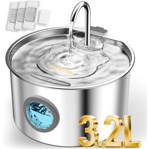 108oz/3.2L Stainless Steel Cat Water Fountain with Detachable Tank, Easy to Clean & Assemble, Pet Drinking Dispenser with Quiet Operation & LED Light, Gifts for Cats, Dogs and Small Pets