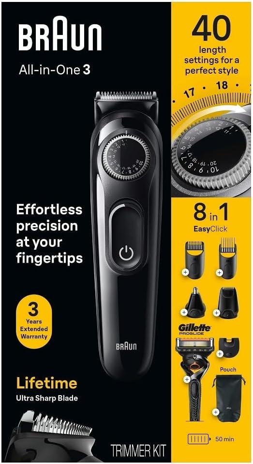 Braun All-in-One Style Kit Series 3 3470, 8-in-1 Trimmer for Men with BeardTrimmer, Ear & NoseTrimmer, Hair Clippers & More, Ultra-Sharp Blade, 40 Length Settings, Washable (Silver)