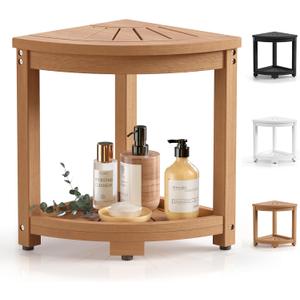 Waterproof Corner Shower Stool for Inside Shower, Poly Lumber Shower Bench Seat Chair, Bath Shower Stool for Shaving Legs Foot Rest with Storage Shelf, Adjustable & Non-Slip Feet, Teak Brown