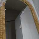 Arched Rattan Wall Mirror  24x36 Inch Boho Elegance with Woven Frame and Wooden Bead Trim, Decorative Mirror for Bathroom Vanity Entryway Living Room