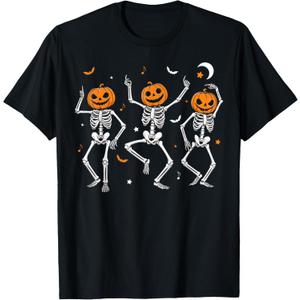Spooky Dancing Pumpkin Head Skeletons Dance Funny Halloween T-Shirt, Large, Black 