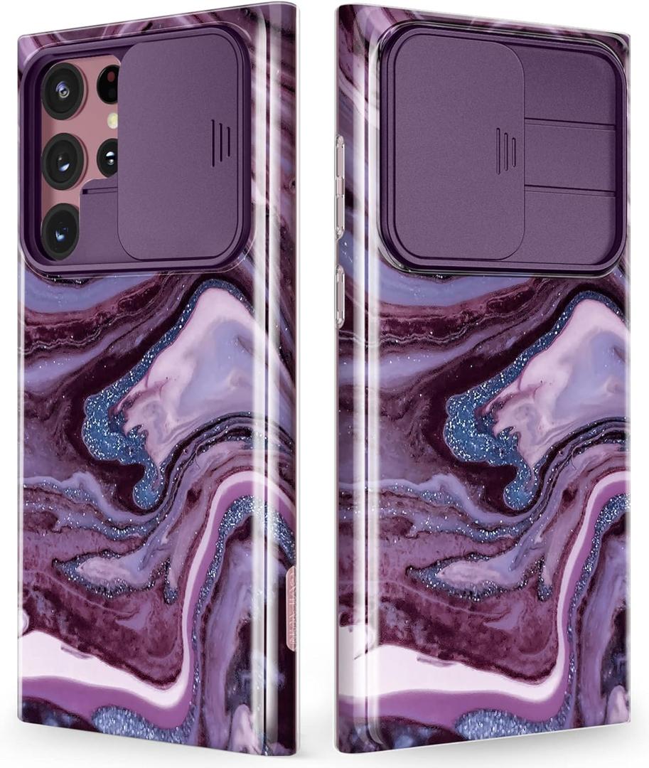 GVIEWIN Designed for Samsung Galaxy S22 Ultra Case with Slide Camera Cover, [Military Grade Drop Protection] Marble Slim Fit Shockproof Protective Phone Case for S22 Ultra 5G 6.8" 2022(Quicksand)