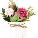 Artificial Hydrangea Bouquet with Small Ceramic Vase Fake Silk Variety Flower Balls Flowers Decoration for Table Home Party Office Wedding (White)