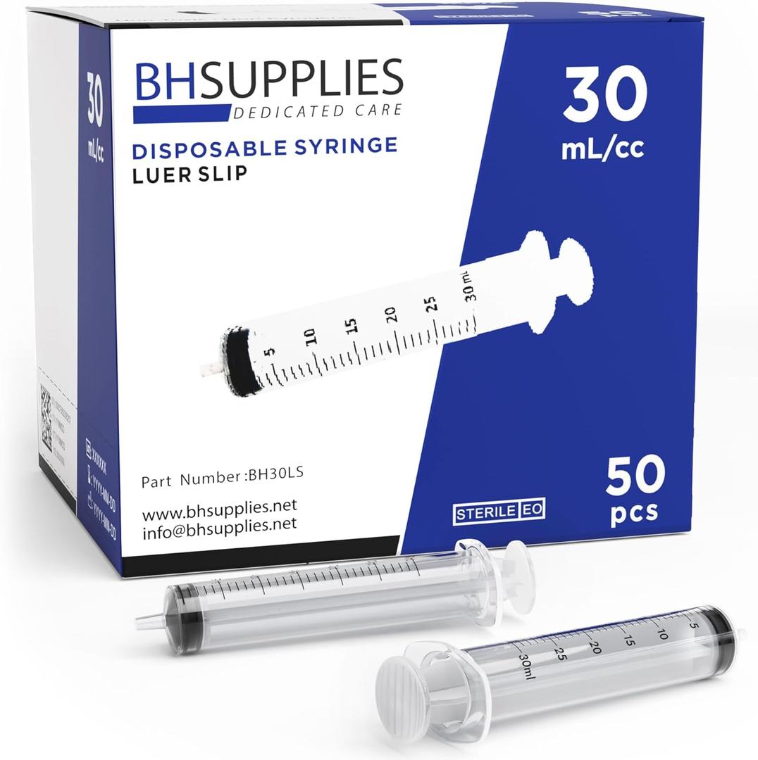 BH Supplies 30ml Luer Slip Tip Syringes (No Needle) - Sterile, Individually Wrapped - 50 Syringes