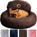 PetJett Calming Dog Bed for Small Dogs 23" Donut Dog Beds, Anti-Slip & Washable Fluffy Plush Faux Fur Pet Bed, Anti-Anxiety Premium Comfort Round Puppy Bed, Fits Dogs up to 25 lbs,  Brown