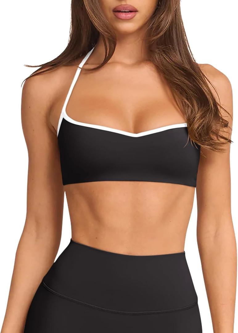Halter Sports Bras for Women Padded Adjustable Thin Straps Color Block Workout Yoga Gym Athletic Bras Y2k Casual Tops Activewear Camisole(Black White,Small)