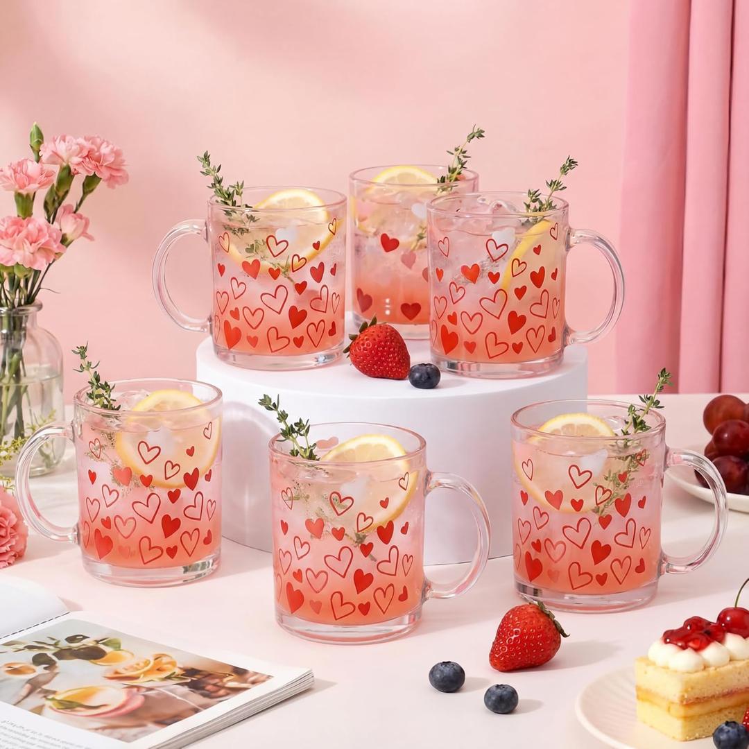 Maxcheck 6 Pack 12 oz Valentines Day Heart Coffee Mugs Glass Cups Love Drinking Glasses for Galentine's Day Party Supplies Gifts