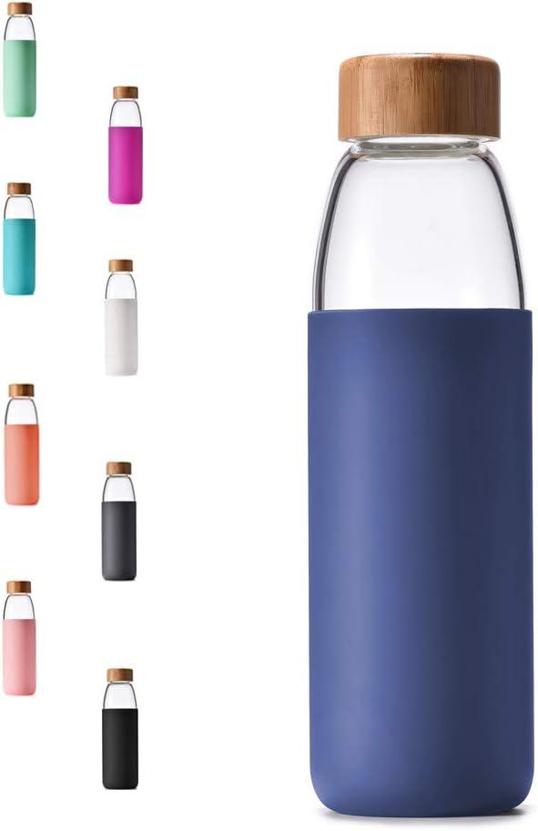 veegoal 18 Oz Borosilicate Glass Water Bottles with Bamboo Lid, BPA-FREE, Non-Slip Silicone Sleeve, and Stainless Steel Leak Proof Lid - Reusable Glass Bottle for Men and Women (Sapphire Blue)