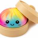 Vibrant Rainbow Gradient Dumpling Squishies Stress Balls, Colorful Squishies Dumpling Fidget Sensory Toy with Food Steamer, Squeeze Dough Ball for Stress Relief, Stretchy Desk Toys Gift