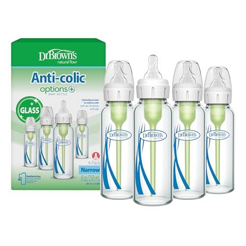Dr. Brown's Anti-Colic Options+ Narrow Glass Baby Bottle with Level 1 Slow Flow Nipple, BPA-Free, 8 oz/250 mL, 0m+, 4-Pack