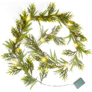 6.4FT Christmas Garland Decorations with Led & Star Lights, Faux Spruce Evergreen Garland Prelit Indoor Christmas Decor with Silver Jingle BellsMantel for Xmas Eve Fireplace Stairs