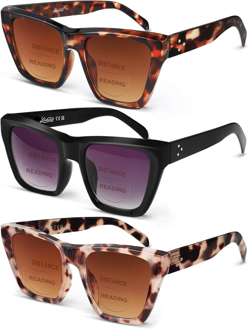 LADEESSE 3 Pack Bifocal Reader Sunglasses Women - Oversized Sun Reading Glasses Womens W/Cat Eye Vintage Outdoor UV400 Protection Eyewear 1.75