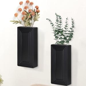 2-Pack Modern Black Wall Planters for Indoor, Bathroom, Kitchen - Terrarium Wood Vase for Decor, Flowers and Faux Greenery