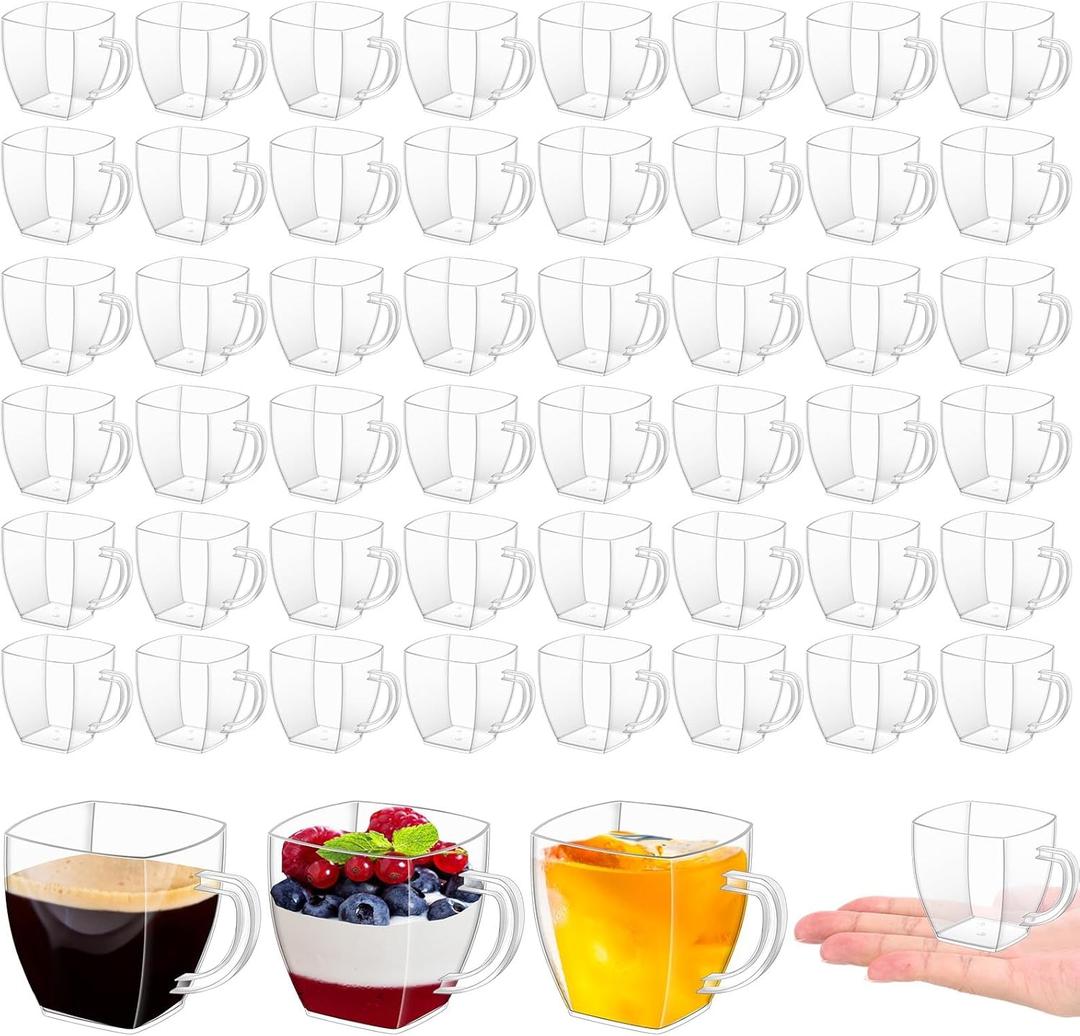 Amyhill Mini Disposable Tea Cups with Handle, 2oz Hard Plastic Coffee Mug Bulk Plastic Square Disposable Espresso Cups for Wedding Tea Party Catering Dessert Sampling(Transparent,50 Pcs)