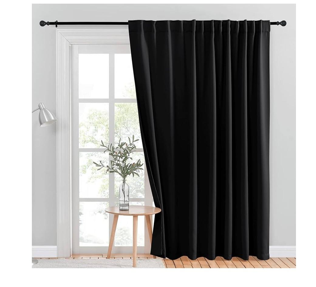 Blackout Sliding Door Curtains, Thermal Insulated Curtains for Sliding Glass Doors, Extra Wide 62 x 42" Long, Back Tab & Rod Pocket Room Divider Drape for Bedroom Privacy, 2 Panel, Black