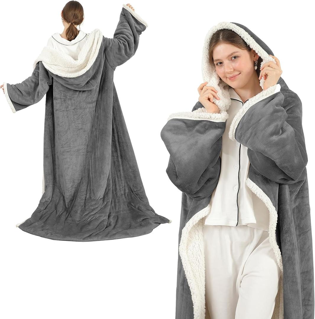 Wearable Heated Blanket with Foot Pocket & Hood, Electric Snuggle Blankets with Sleeves, 6 Heating Levels & 1-4H Auto Shut-Off, Machine Washable, Housewarming & Gift, 50 * 70"+16", Dark Gray