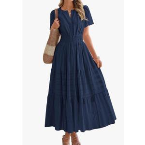 BTFBM Womens Summer 2025 Casual Midi Maxi Dresses Lightweight Short Sleeve V Neck Elastic Waist Boho Beach Dress Pockets Large Blue