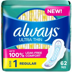 Always Ultra Thin Pads with Wings, Size 1, Regular, 62 Count