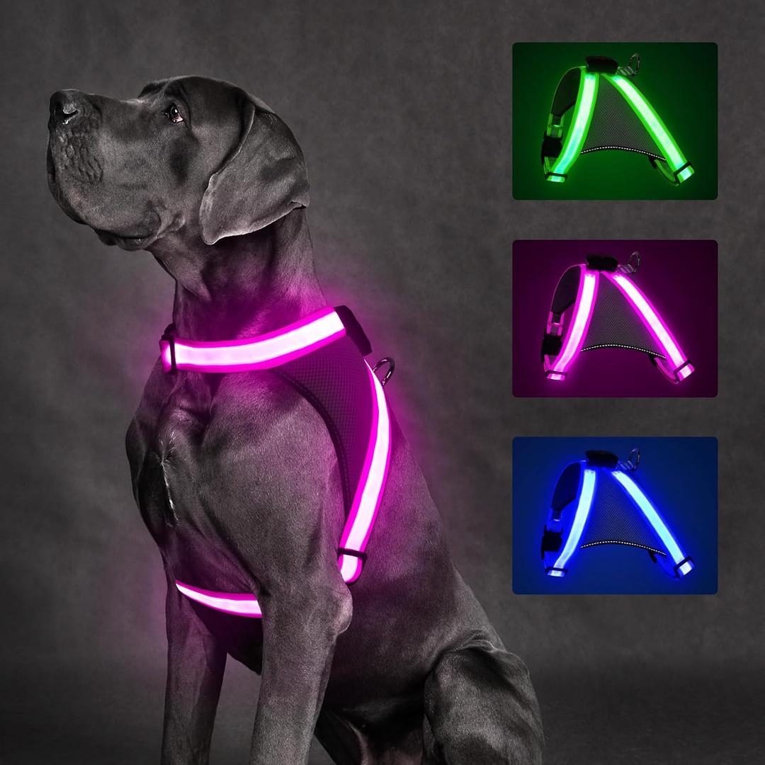 ChalkLit Light Up Dog Harness, No Pull Led Dog Harness Glow-in-The-Dark for Night Walking, USB Rechargeable Lighted Safety Vest for Medium Large Dogs, Adjustable Soft Mesh Fully Illuminated (Pink, M)