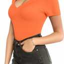 MANGOPOP V Neck Bodysuits for Women Short Sleeve Body Suits Basic Top Casual Shirt (Orange, XL)