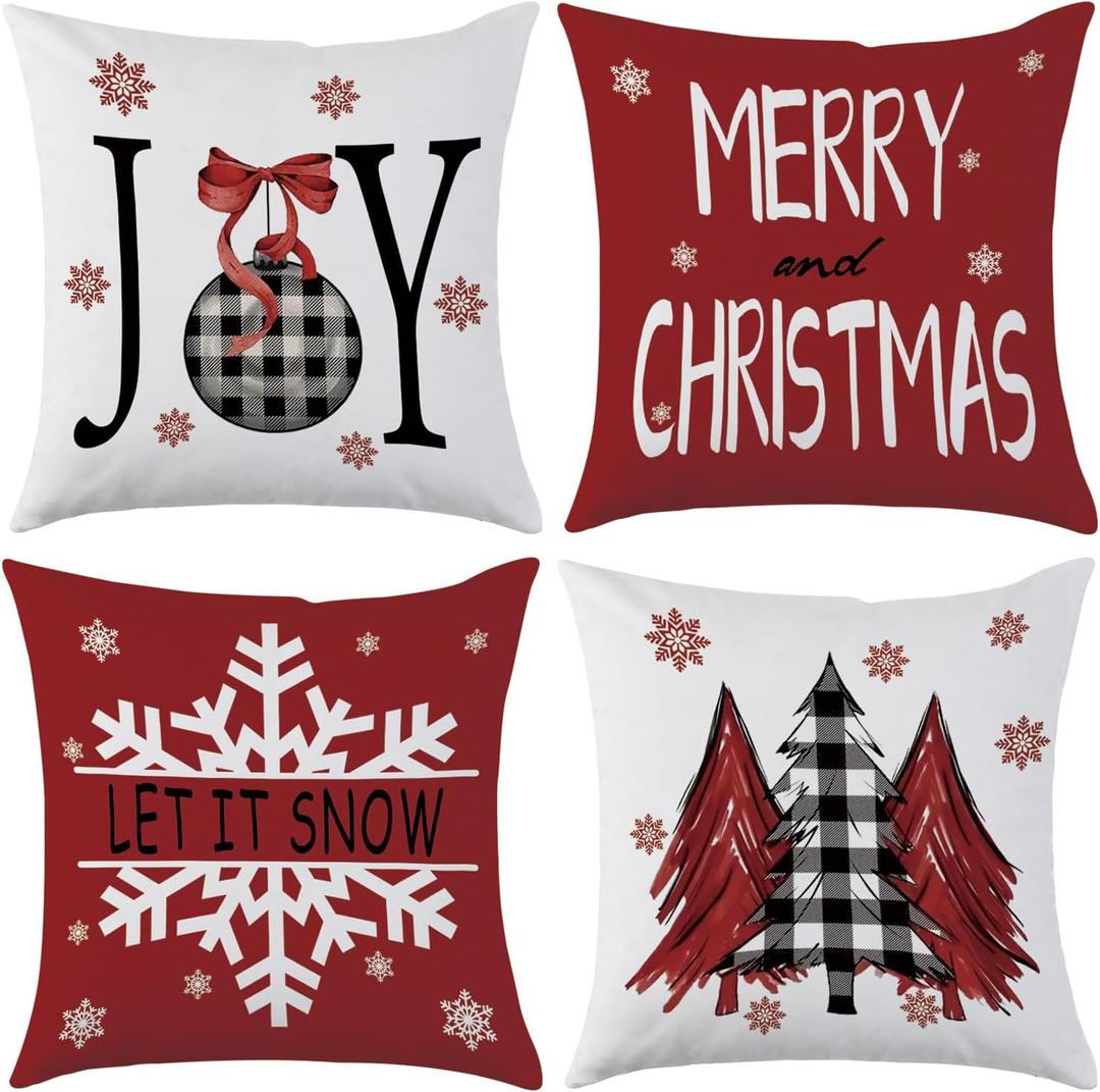Merry Christmas Red Throw Pillow Covers 20 x 20 Inch Set of 4 Christmas Joy Xmas Trees Winter Holiday Cushion Case for Sofa Couch