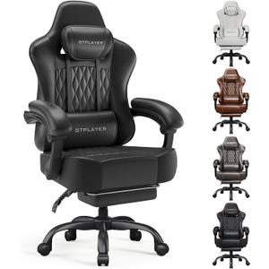 GTPLAYER Big and Tall Gaming Chair with Footrest, Ergonomic Office Desk Chair with 4.4in Thick Cushion and Wide Wingless Seat, Comfortable Leather Computer Chair, Predator Series, Black