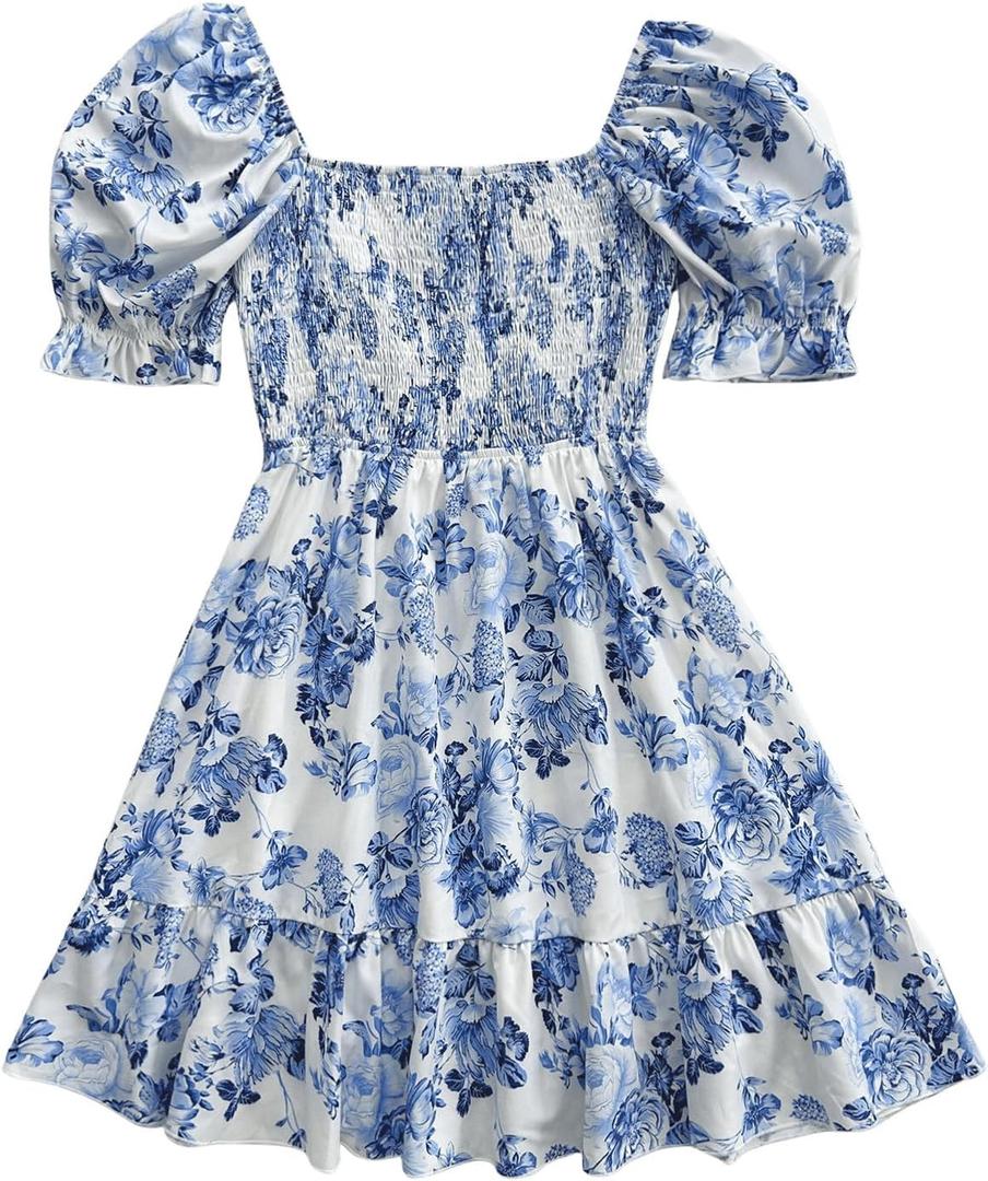 Floerns Women's Floral Puff Short Sleeve A Line Dress Ruffle Hem Boho Dresses (Blue and White) Floerns Women's Floral Puff Short Sleeve A Line Dress Ruffle Hem Boho Dresses (Blue and White)
