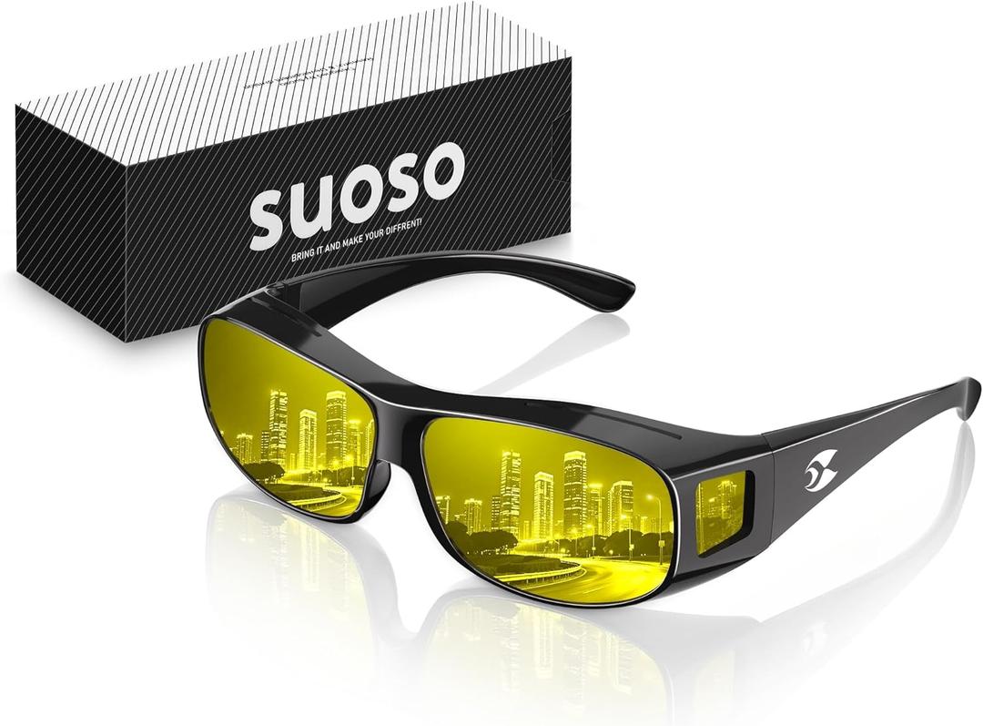 suoso Night Driving Glasses Fit Over Eyeglasses for Men Women, Polarized Anti Glare Night Vision Glasses HD Yellow Lens (C01-glossy Black)
