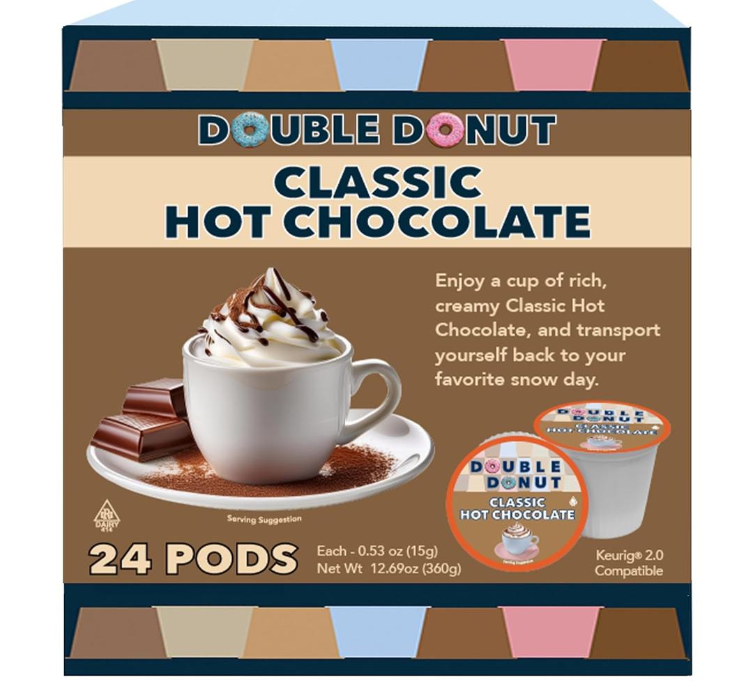 Double Donut Coffee Hot Chocolate Pods for Keurig K Cups Brewers, Single Serve Classic Hot Cocoa Pods, 24 Count