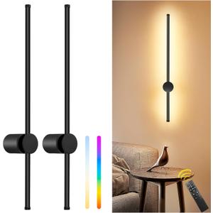 23.6 Inch Battery Operated Wall Sconces Set of Two, 12000mAh Rechargeable Wall Sconce with Remote Control, Dimmable LED Wireless Wall Lights for Bedroom, Living Room, 15 Colors, 180 Rotate, Black