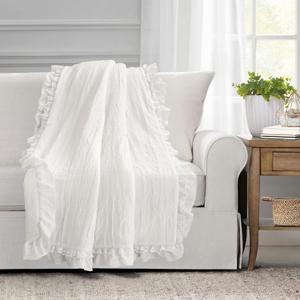 Lush Decor Ella Shabby Chic Ruffle Lace Blanket, 120 x 96", White  