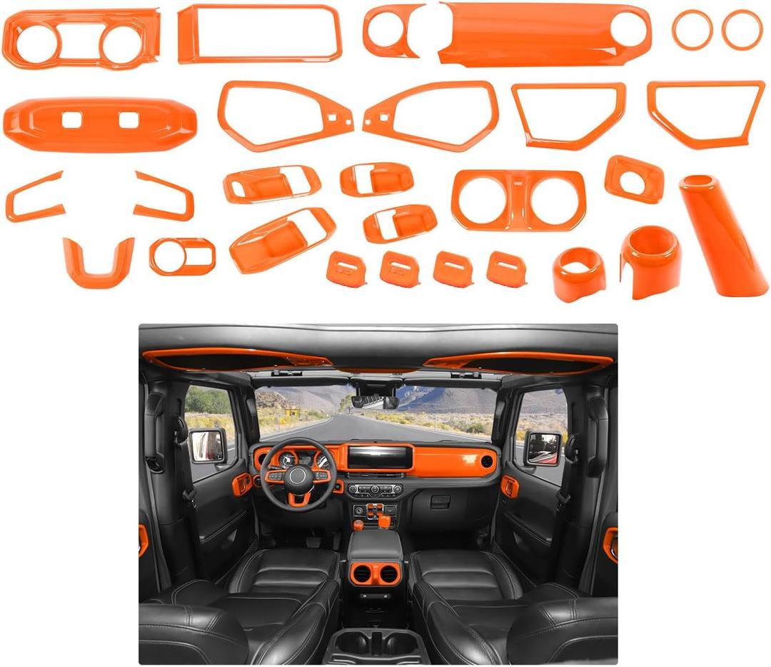 JWWY Interior Trim Kit Dress-Up Kit Decor Set Center Console Gear Shift Dashboard Panel,Door Window Switch Knob Speaker Cover Trim for 2024–2026 Jeep Wrangler JL JLU & Gladiator JT Oranger 28pcs