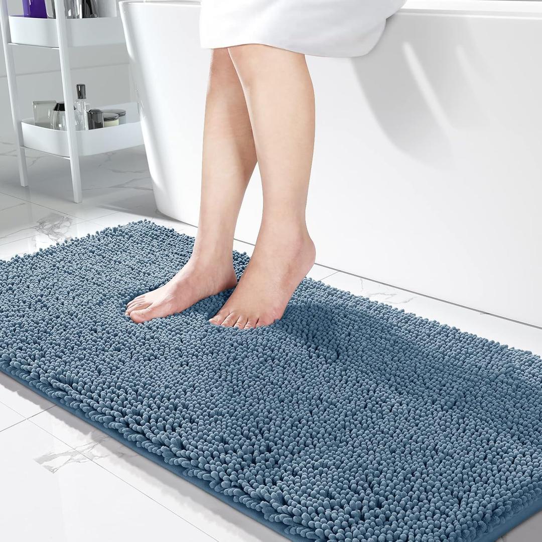 Yimobra Large Chenille Bathroom Rug 36"x24" - Extra Soft Non Slip Bath Mat - Super Absorbent Quick Dry Plush Shaggy Floor Carpet for Tub & Shower - Machine Washable, Denim Blue