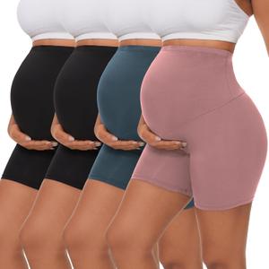 Dalavch 4 Pack Women's Maternity Yoga Shorts Over the Belly Pregnancy Biker Workout Active Athletic Pregnant Shorts 5 (Large, 2 Black 1 Pink 1 Blue)