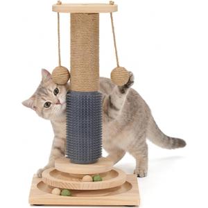 4-in-1 Solid Wood Cat Scratching Post with Self-Groomer, Natural Sisal Scratching Post with 2-Level Track Ball Toy, Interactive Cat Tree & Furniture Protector for Indoor Cats Medium Size