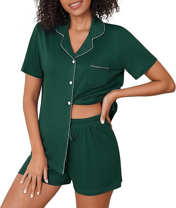 Ekouaer Pajama Set Women Classic Loose Short Sleeve Button Down Pjs Set Soft Sleepwear Loungewear with Pockets, (Dark Green, Medium)