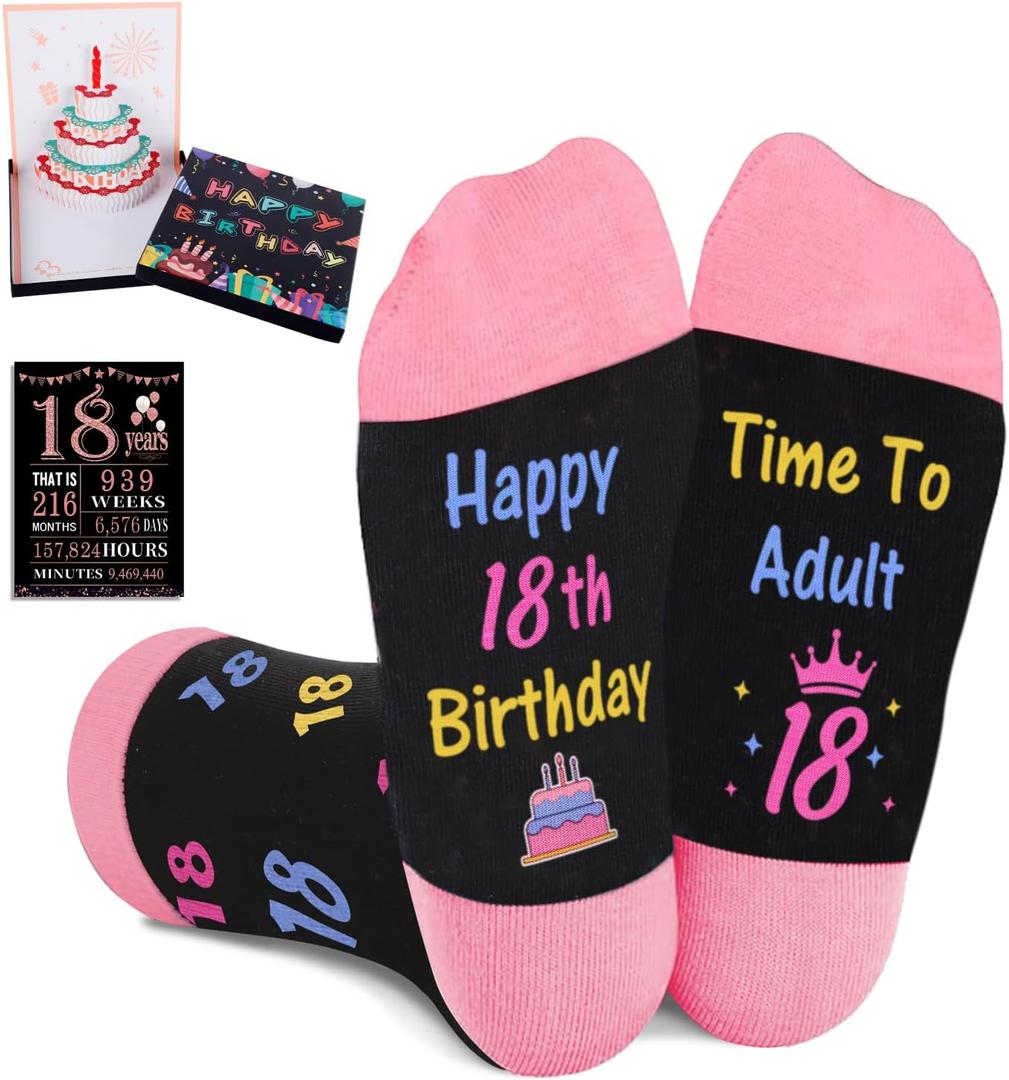 8 Years Old Birthday Gifts for Girls - Socks for Girls with Pop up Birthday Card, Presents for 18 Year Old Girls (One Size, Happy 18th Birthday Black Pink)