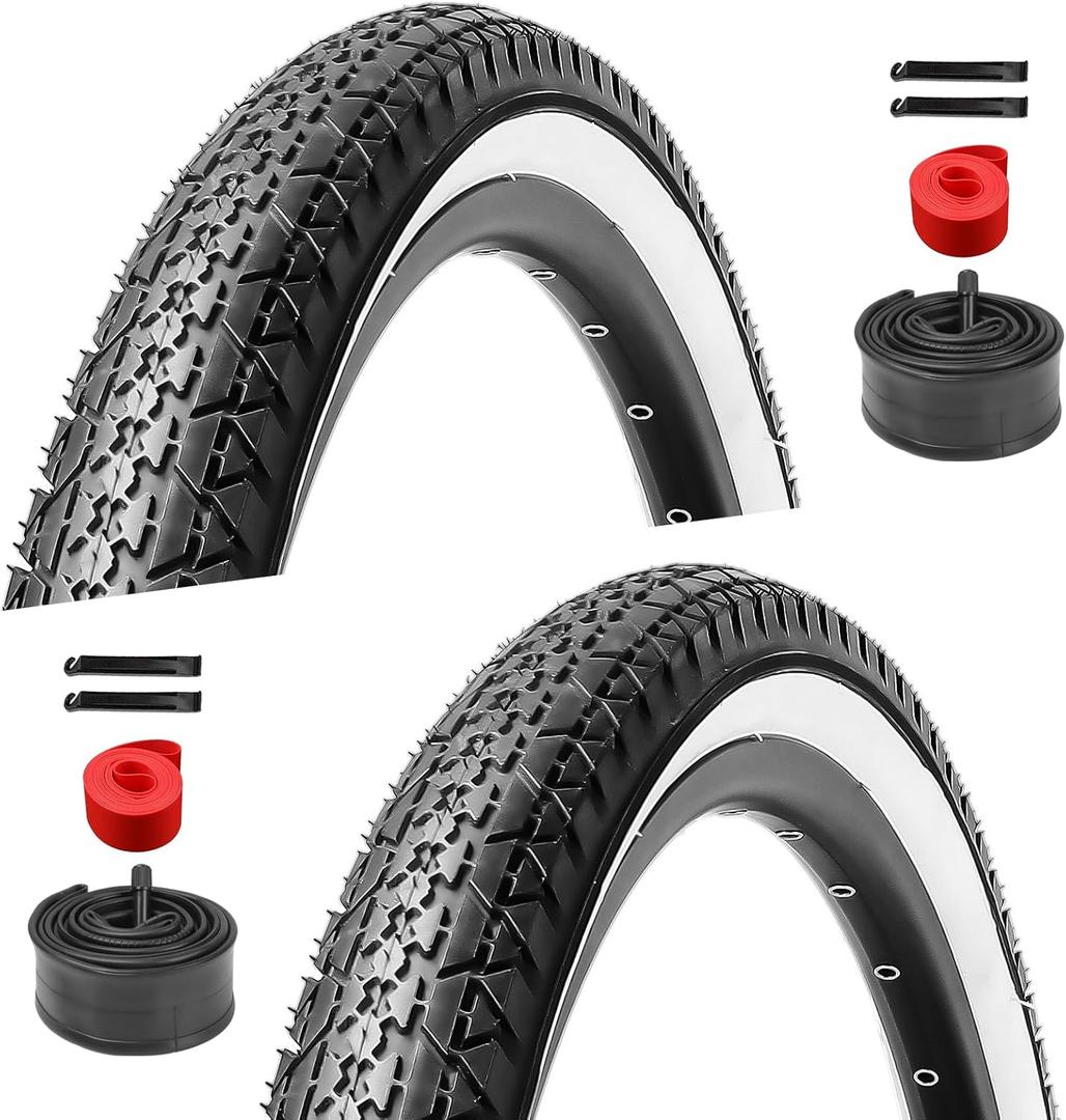 2 Pack 26 inch Bike Tires - 26x2.125 Beach Cruiser Bicycle Tires for Folding Replacement Bike with 26 inch Schrader Valve Bike Tubes, 2 Tire Levers (White)