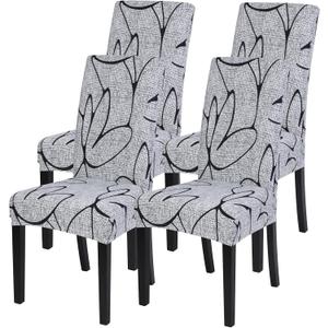 SearchI Dining Room Chair Covers Set of 4, Stretch Printed Parsons Chair Slipcovers Spandex Removable Washable Kitchen Chair Protector Cover for Dining Room, Hotel, Ceremony (Grey Lotus+White Texture)