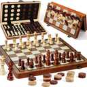 MerryPony 2 in 1 Magnetic Wooden Chess and Checkers Set, 15" Foldable Chess set for Adults & Kids, Chess Board with 2 Extra Queens, Travel Chess Set with Pieces Storage Slots, Ideal Chess for Beginner